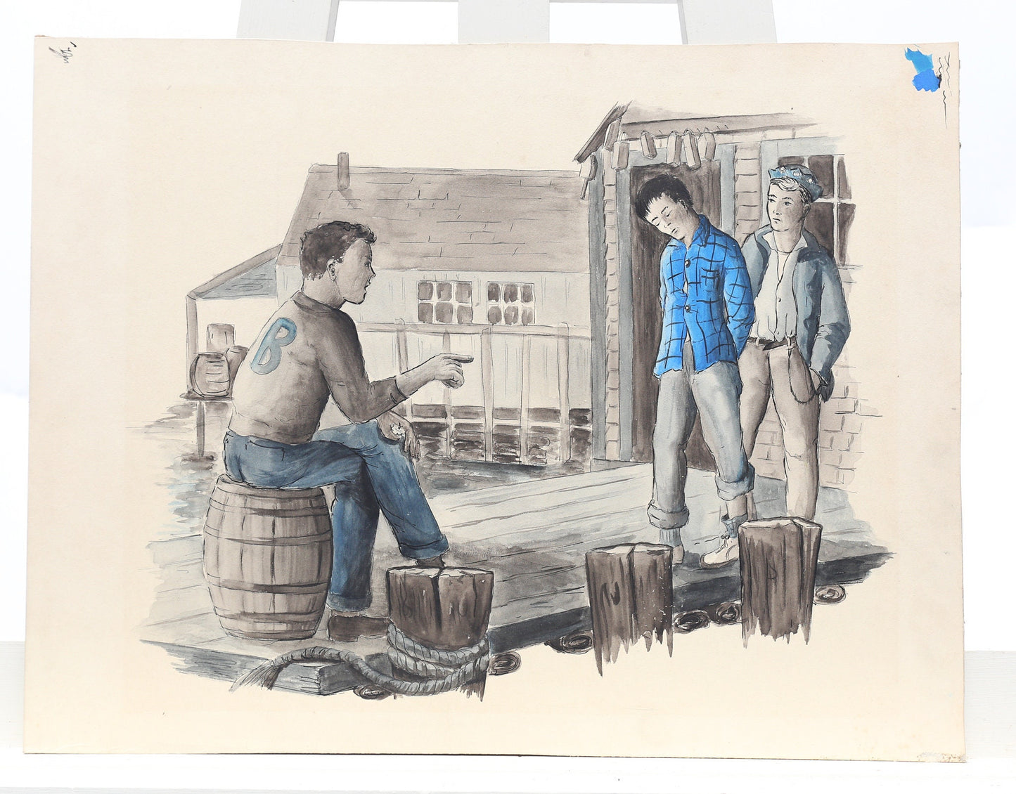 Painting Watercolor Gouache Teenage Boys on pier On the Waterfront Louise Rosen II Illustration Art Black and White