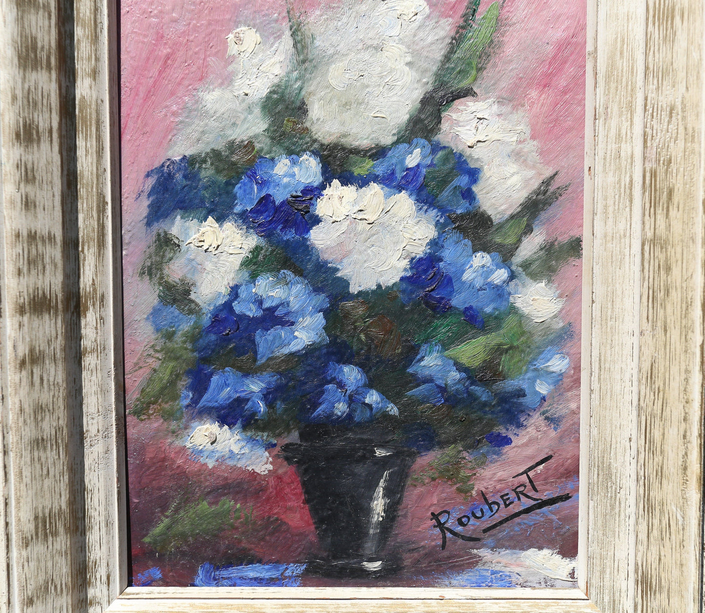 Painting Oil on Board Masonite Hydrangeas in Blue and White Artist Signed Roubert 1950s Period Frame