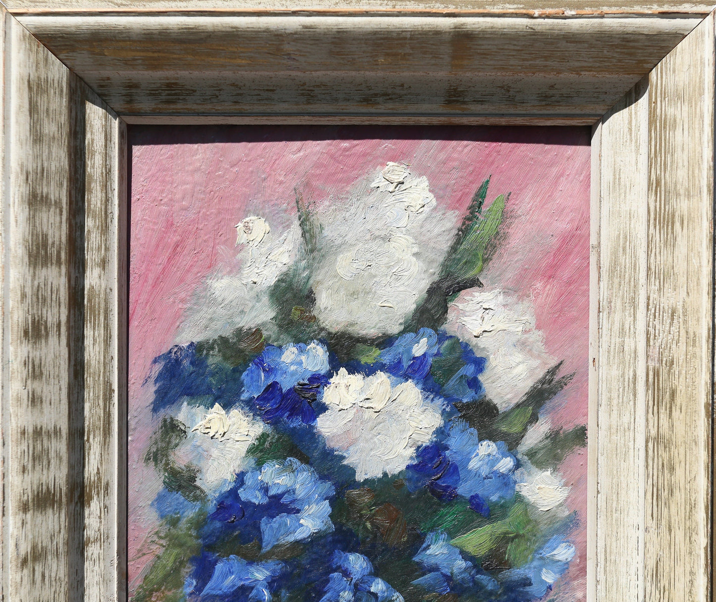 Painting Oil on Board Masonite Hydrangeas in Blue and White Artist Signed Roubert 1950s Period Frame