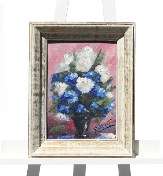 Painting Oil on Board Masonite Hydrangeas in Blue and White Artist Signed Roubert 1950s Period Frame