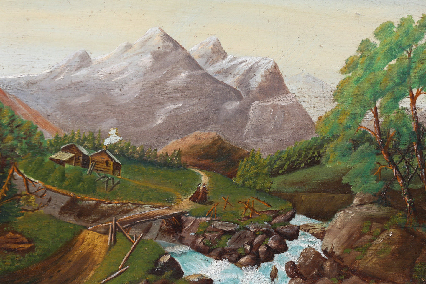 Oil Painting 19th century Oil on Board Monks in North American West Log Cabins Canada Canadian Rockies or American Tetons Mountains