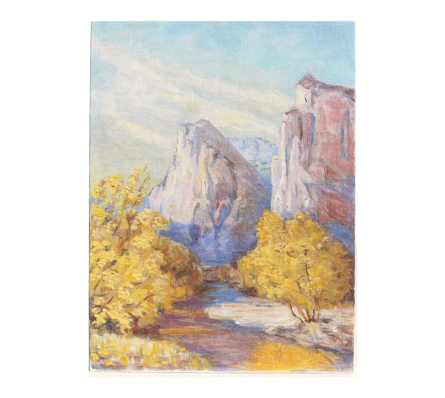 Oil Painting Landscape Treescape on Canvasboard "Connecticut Rock Formations with Autumn Fall Trees" Artist Jule Melbardis 1950s