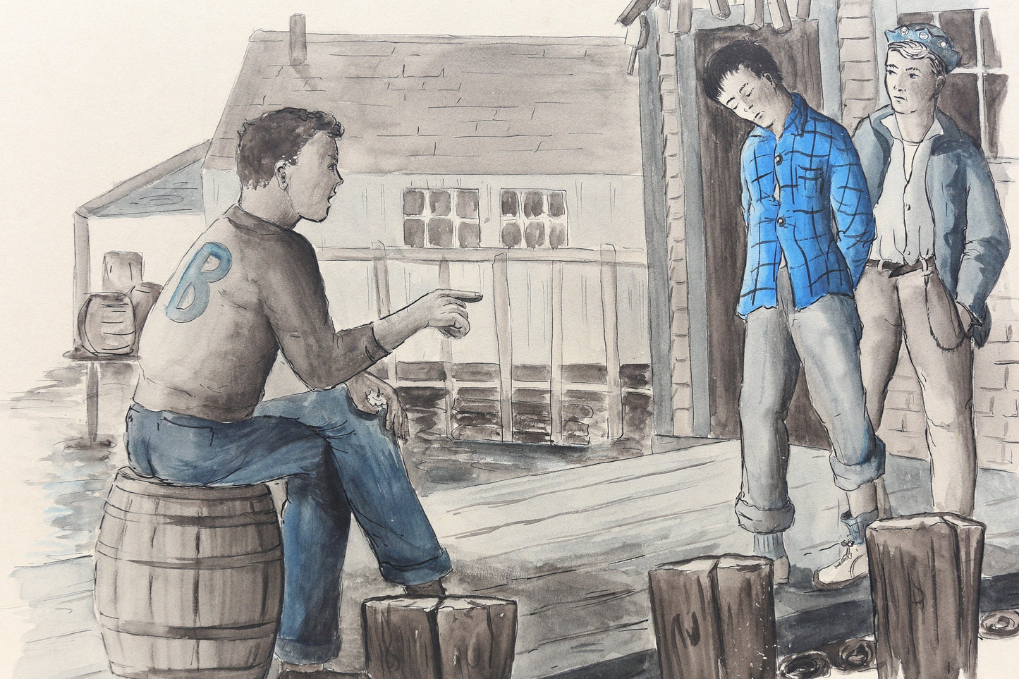 Painting Watercolor Gouache Teenage Boys on pier On the Waterfront Louise Rosen II Illustration Art Black and White