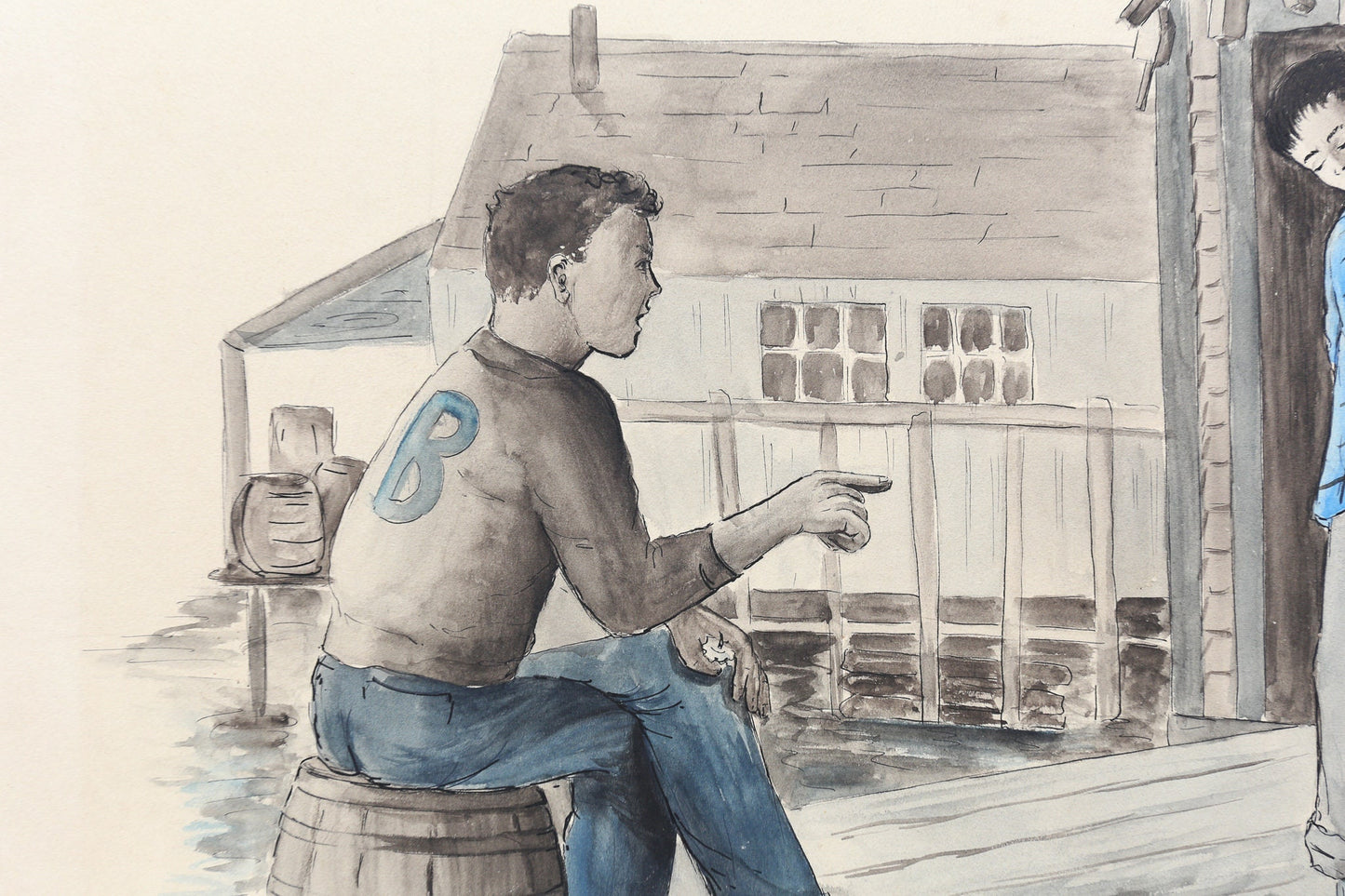 Painting Watercolor Gouache Teenage Boys on pier On the Waterfront Louise Rosen II Illustration Art Black and White