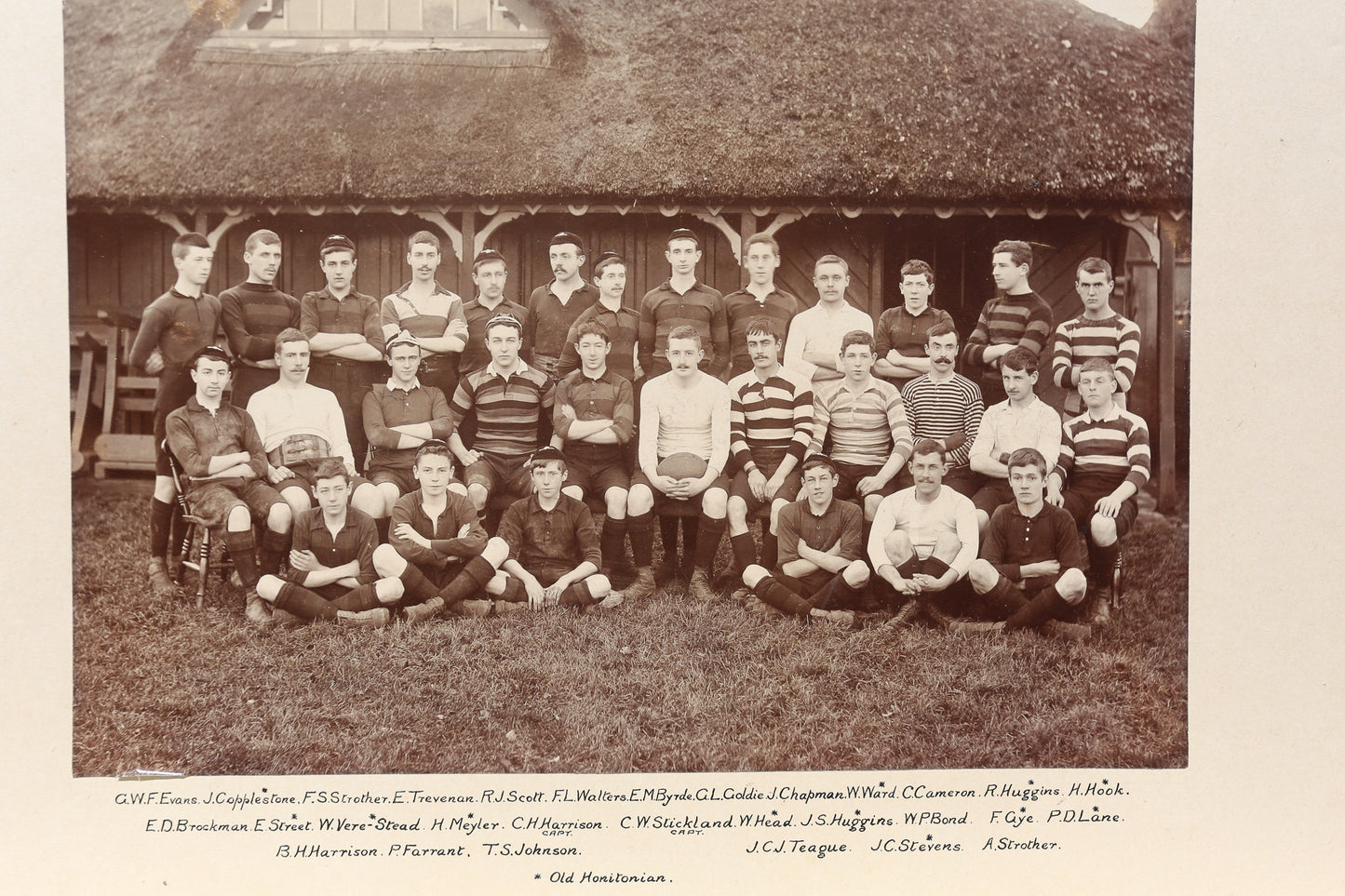Antique Large Format Photograph Rugby Team Photo 1897-1898 Old Honitionian Thatch Roof Rugby Stripes Fully Labeled Hand Calligraphy