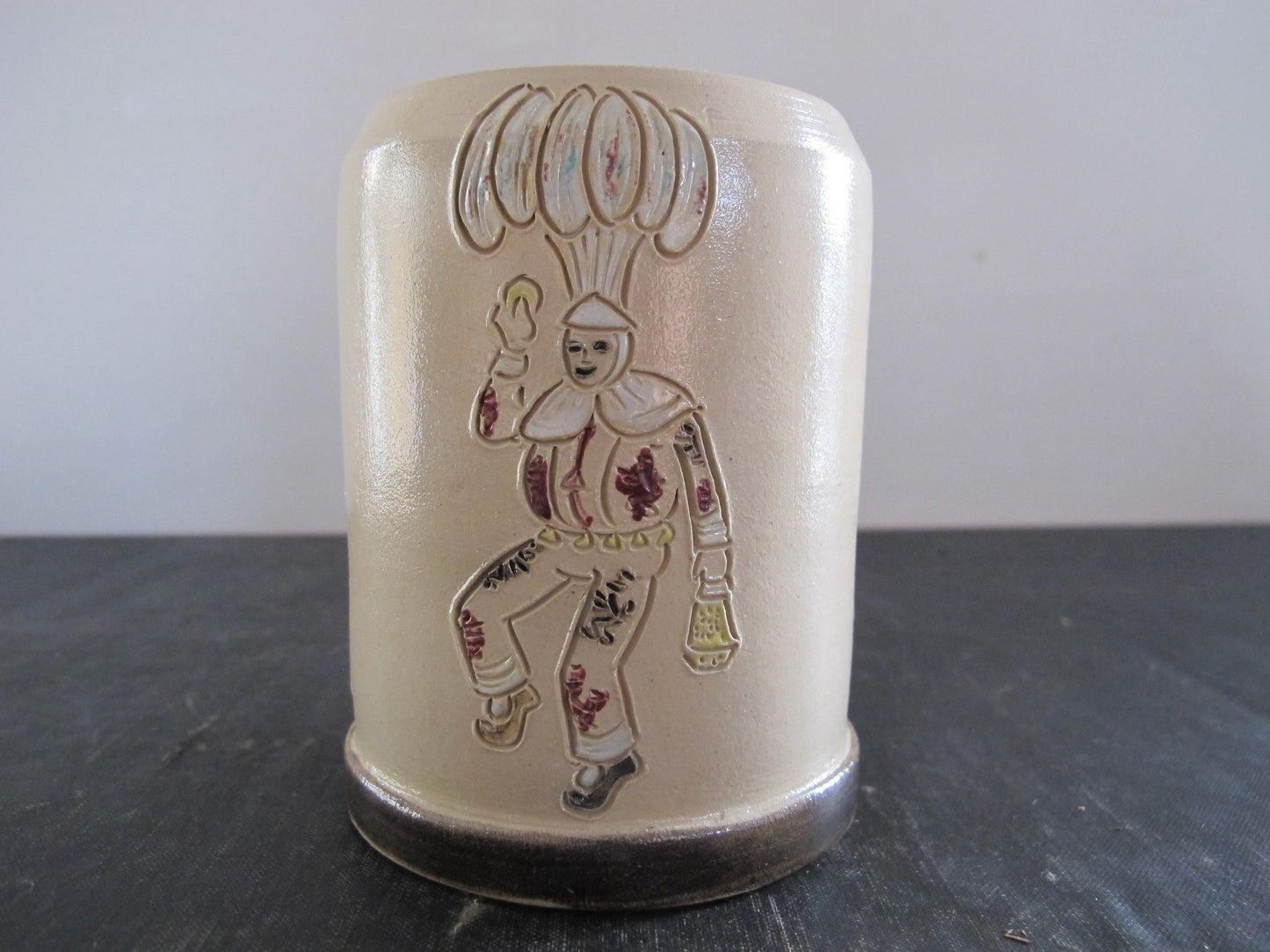 Art Pottery Gille de Binche Mug Incised Harlequin Artist Signed Emile Losson Midcentury 1950s Mardi Gras