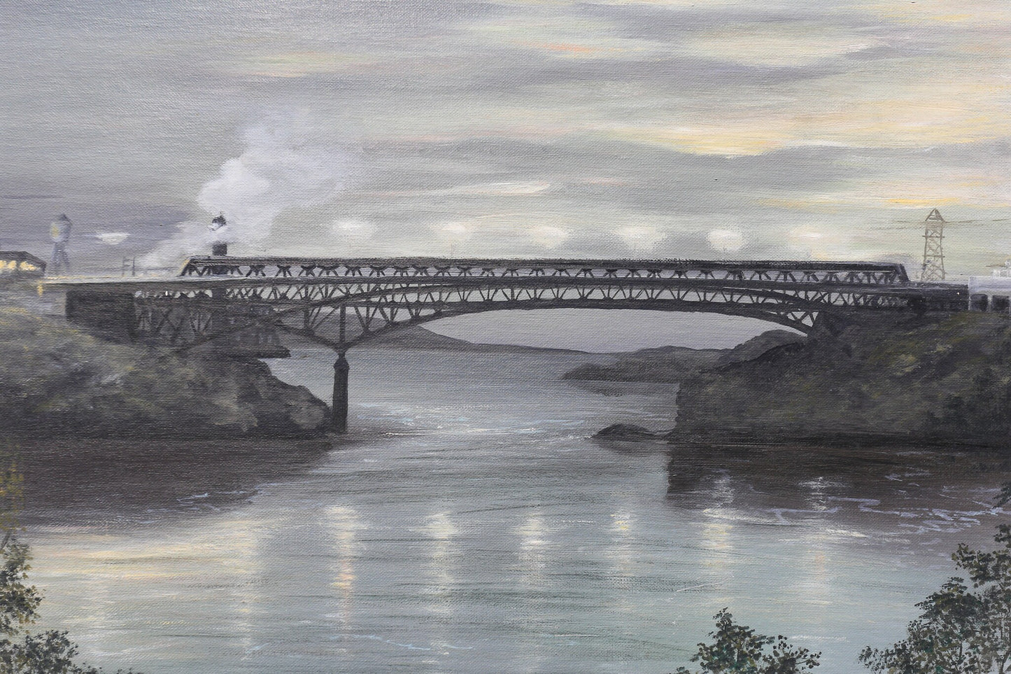 Oil Painting Reversing Falls Bridge St. John New Brunswick Canada Foggy Artist Signed Nardini 1950s on Canvas board