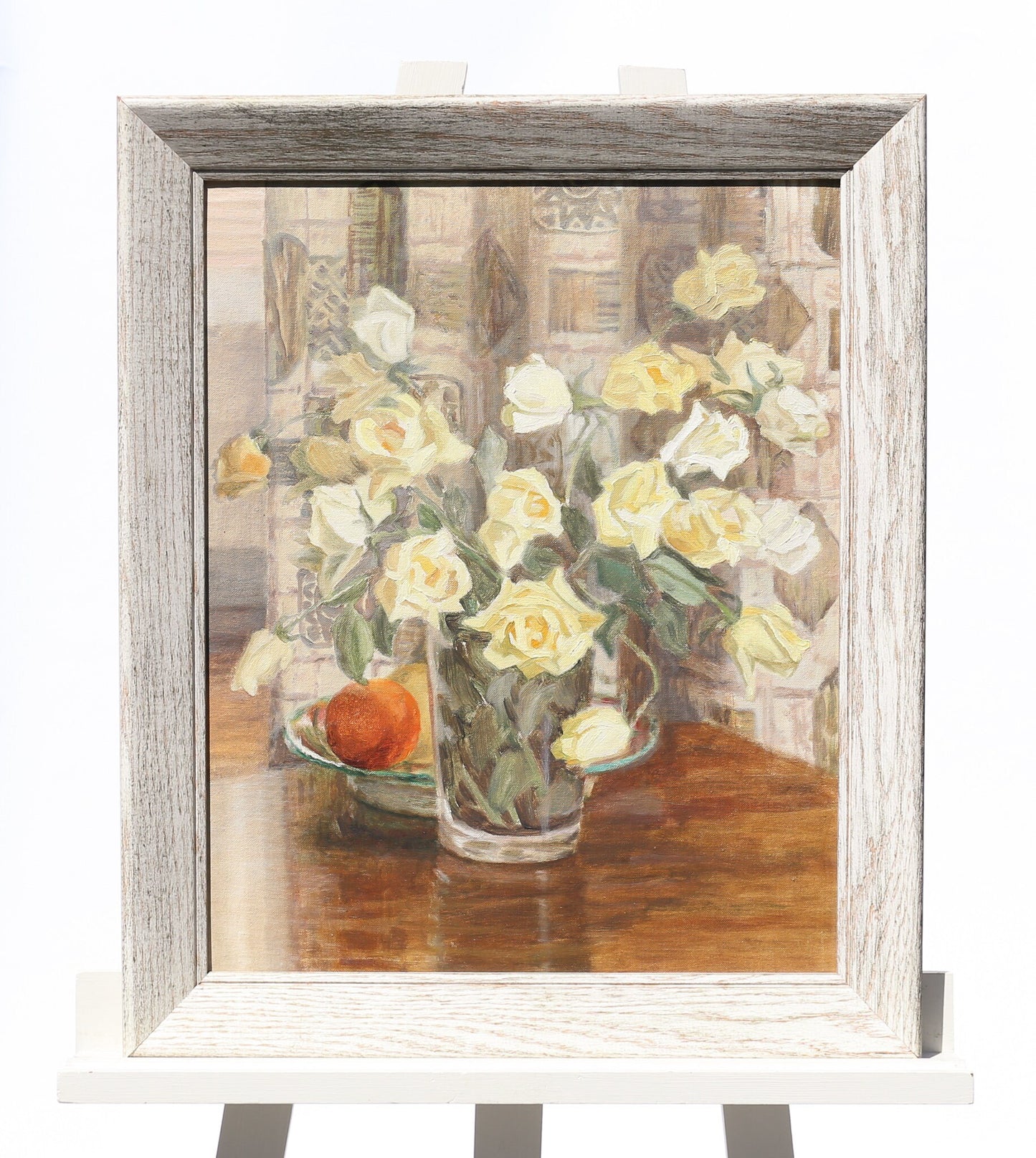 Painting Oil on Canvasboard "Pale Roses" Artist Signed Jule Melbardis 1950s Yellow Roses Modernist MCM Mid Century Modern Realist