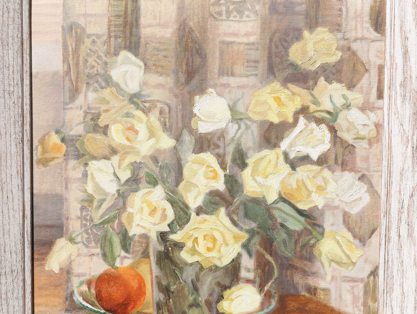 Painting Oil on Canvasboard "Pale Roses" Artist Signed Jule Melbardis 1950s Yellow Roses Modernist MCM Mid Century Modern Realist