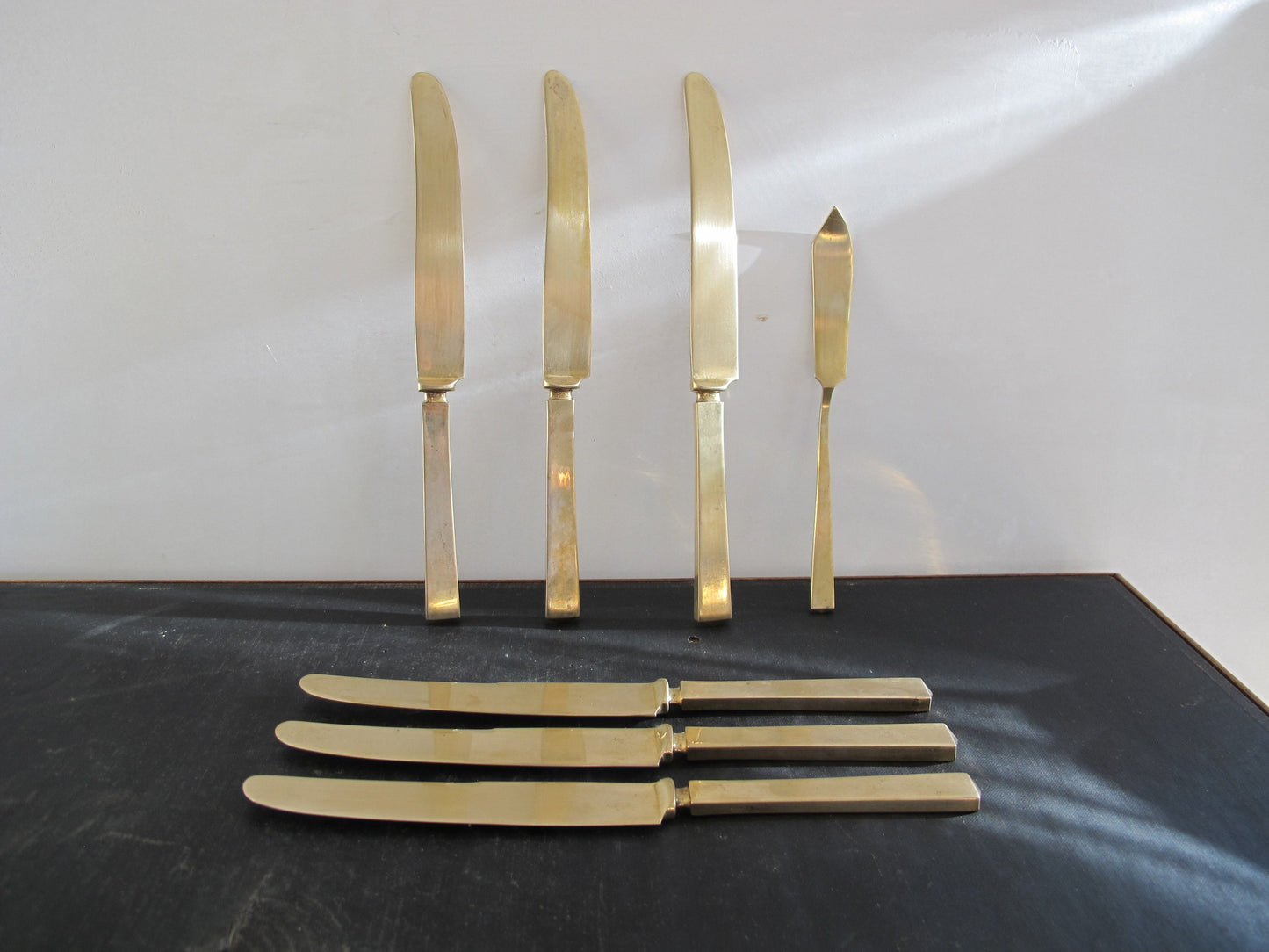Knife Set 6 and Butter Golden Bronze Faceted Art Deco Hollywood Regency