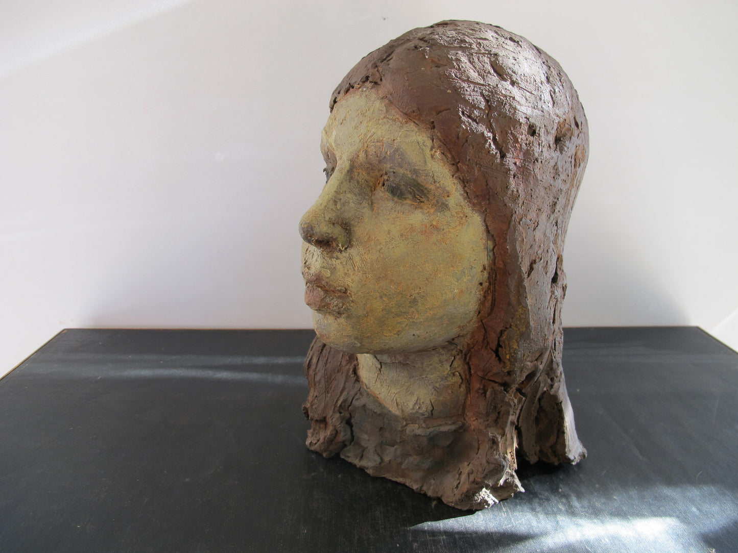 Female Sculpture Bust of Girl Art Pottery Masterwork Portrait and Corresponding Charger c. 1960-70 California Woman Artist Signed