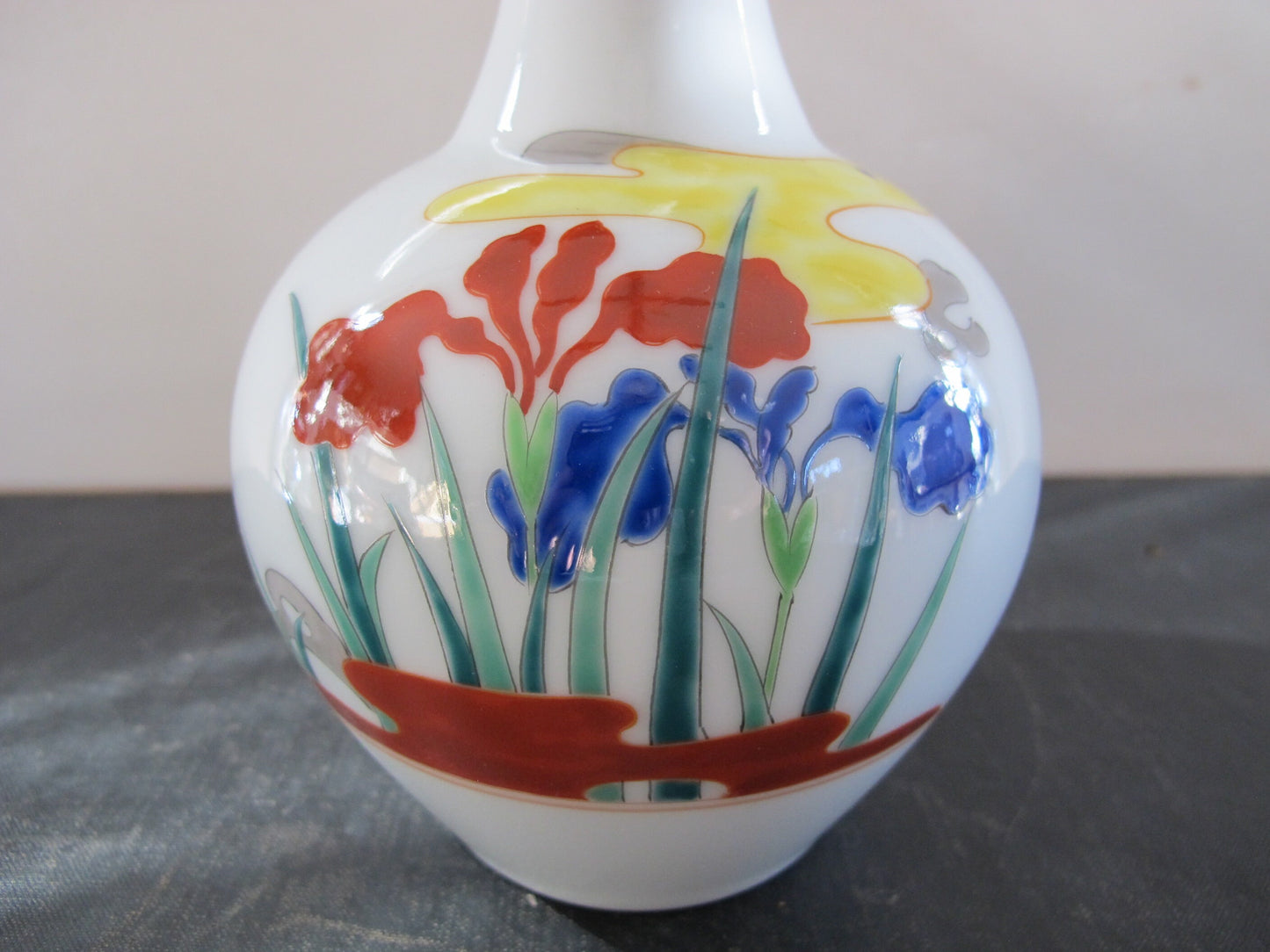 Vase Japanese Signed Marked Mount Fuji Iris Blue and Red with Yellow Cloud Form Entirely Handpainted