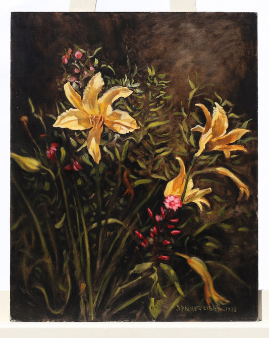 Oil Painting Still Life Moody on Board Day Lilies and Wildflowers Artist Signed J. Palmer Libby 1993