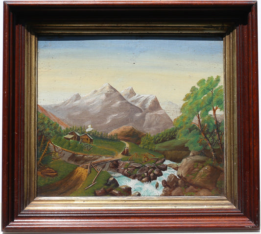 Oil Painting 19th century Oil on Board Monks in North American West Log Cabins Canada Canadian Rockies or American Tetons Mountains