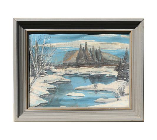 Oil Painting Winter Snowscape Landscape Folk Art Blue 1940s Period Frame on Paper Laid to Board