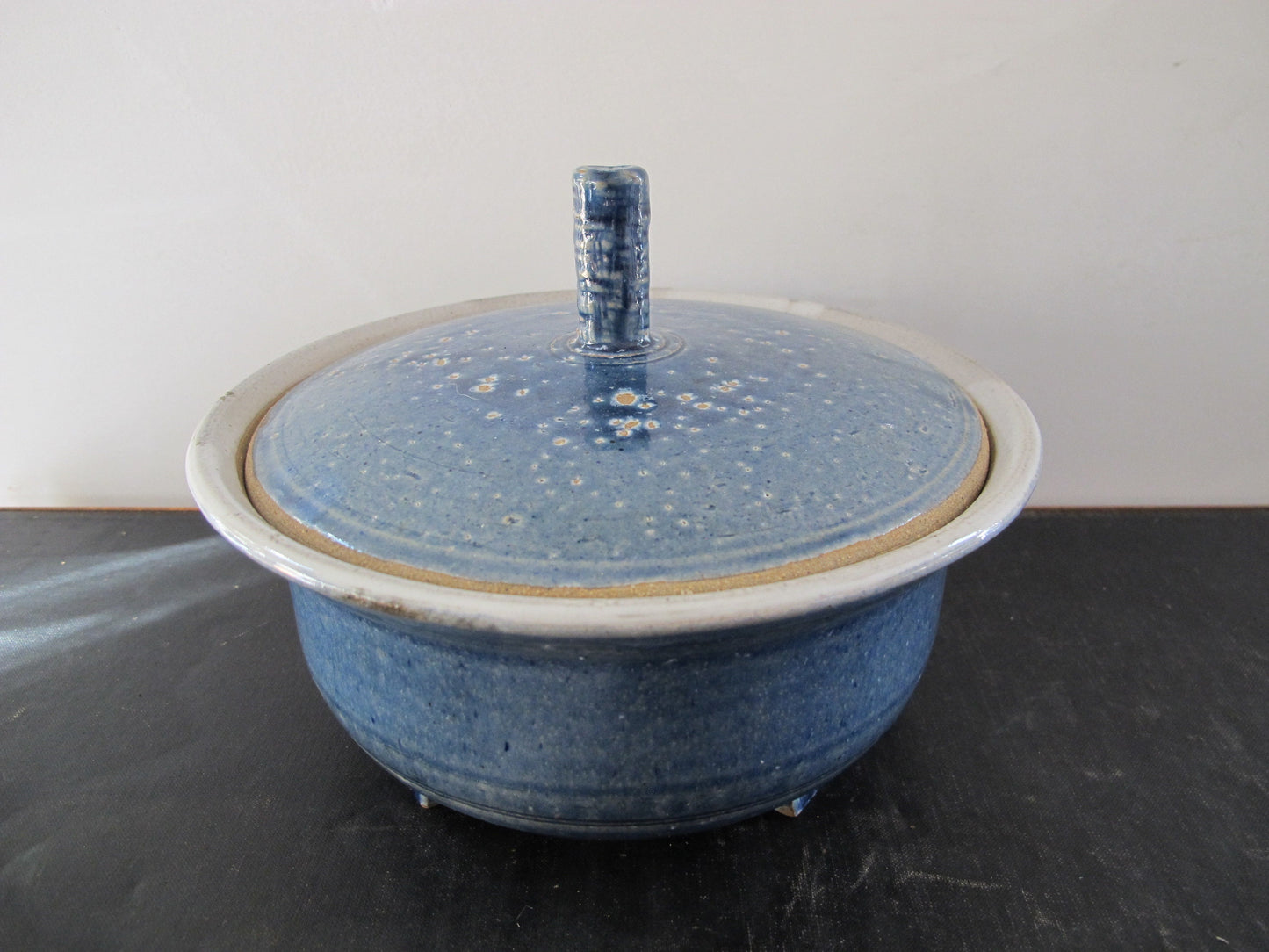 Art Pottery Ted Halpern Midcentury Modern Covered Dish 1960s 1970s Blue Lava Glaze Triple Signed