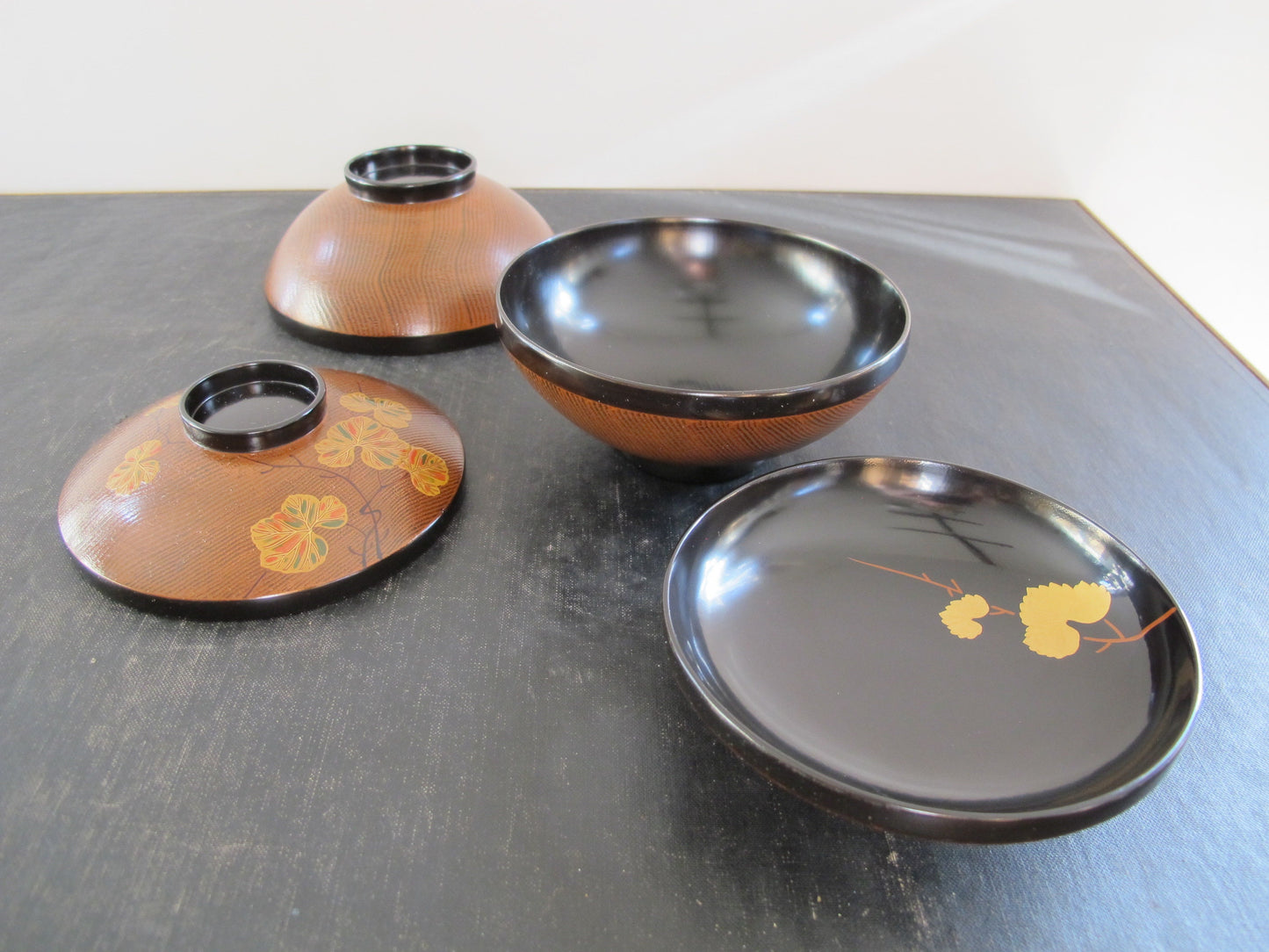 Japanese Lacquer Covered Bowls Pair Midcentury c. 1960 Faux Bois Black Gold Orange Green Autumnal Fall Grape Leaves Lids as Bowls