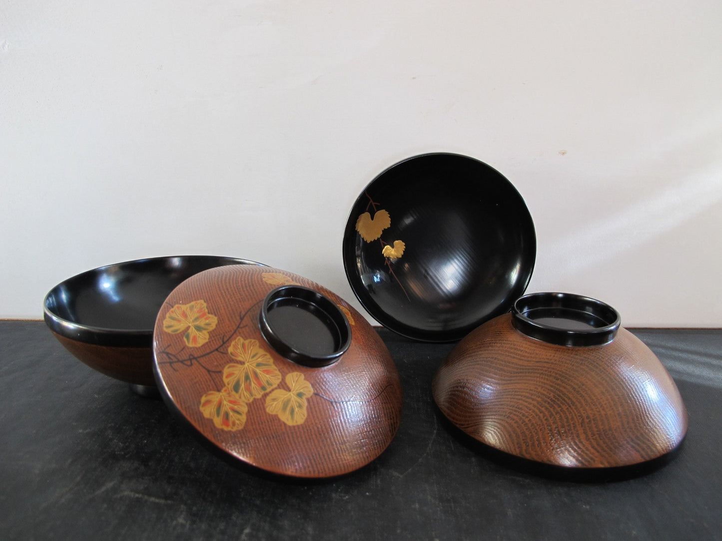 Japanese Lacquer Covered Bowls Pair Midcentury c. 1960 Faux Bois Black Gold Orange Green Autumnal Fall Grape Leaves Lids as Bowls