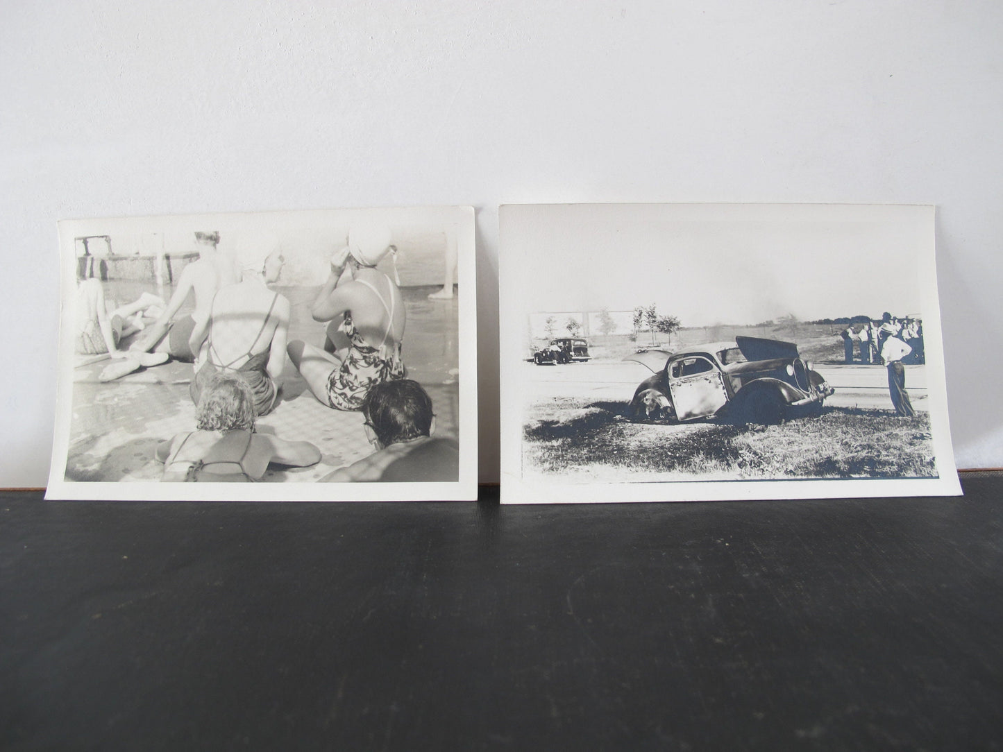 Pair Nitrate Silver Photographs 1940s Beach and Car Crash Fire Original Print