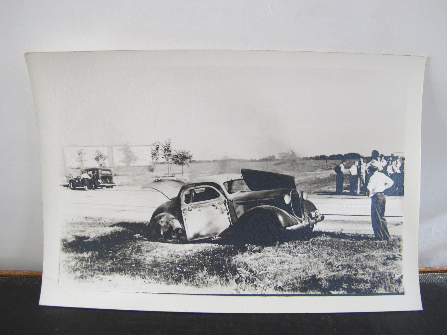 Pair Nitrate Silver Photographs 1940s Beach and Car Crash Fire Original Print