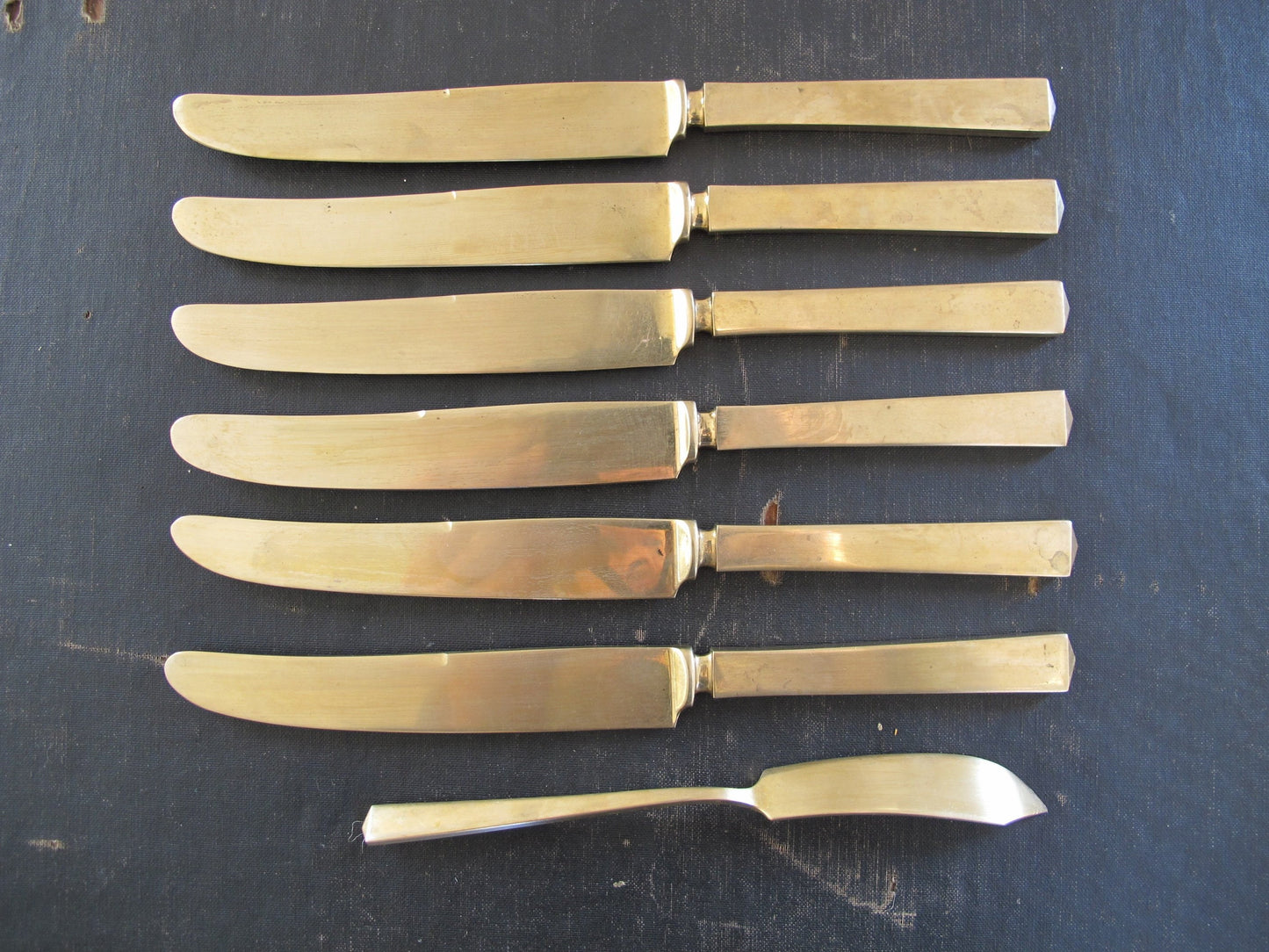 Knife Set 6 and Butter Golden Bronze Faceted Art Deco Hollywood Regency