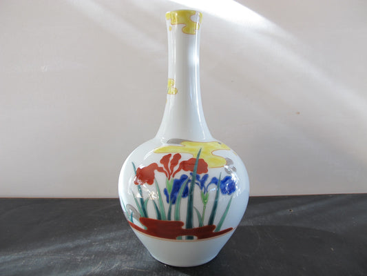 Vase Japanese Signed Marked Mount Fuji Iris Blue and Red with Yellow Cloud Form Entirely Handpainted