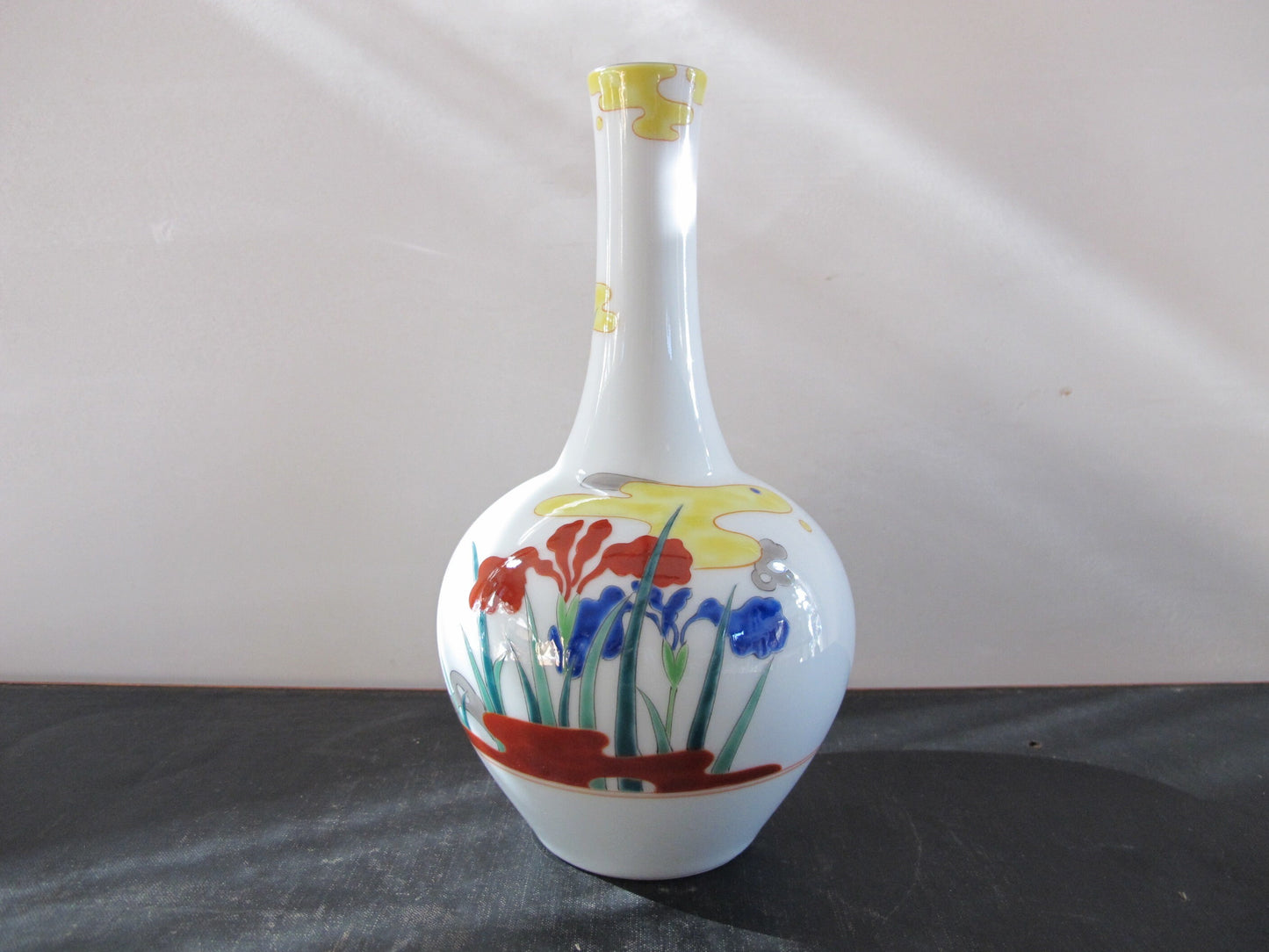 Vase Japanese Signed Marked Mount Fuji Iris Blue and Red with Yellow Cloud Form Entirely Handpainted