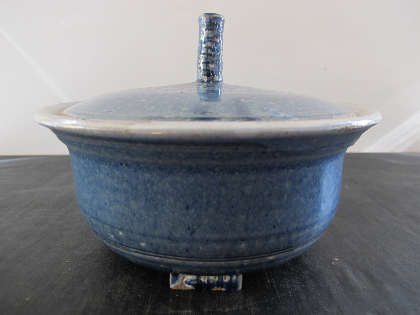 Art Pottery Ted Halpern Midcentury Modern Covered Dish 1960s 1970s Blue Lava Glaze Triple Signed