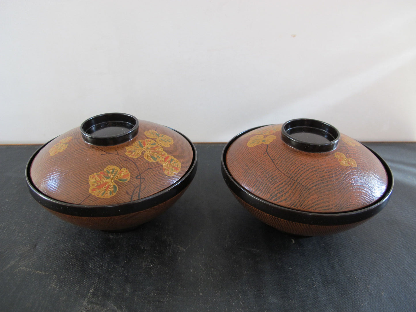 Japanese Lacquer Covered Bowls Pair Midcentury c. 1960 Faux Bois Black Gold Orange Green Autumnal Fall Grape Leaves Lids as Bowls