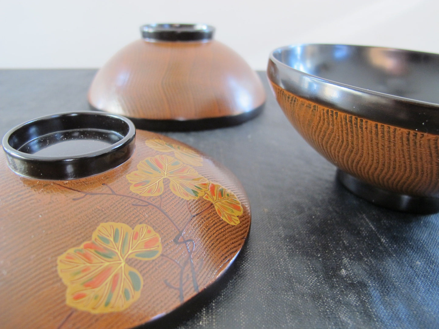 Japanese Lacquer Covered Bowls Pair Midcentury c. 1960 Faux Bois Black Gold Orange Green Autumnal Fall Grape Leaves Lids as Bowls