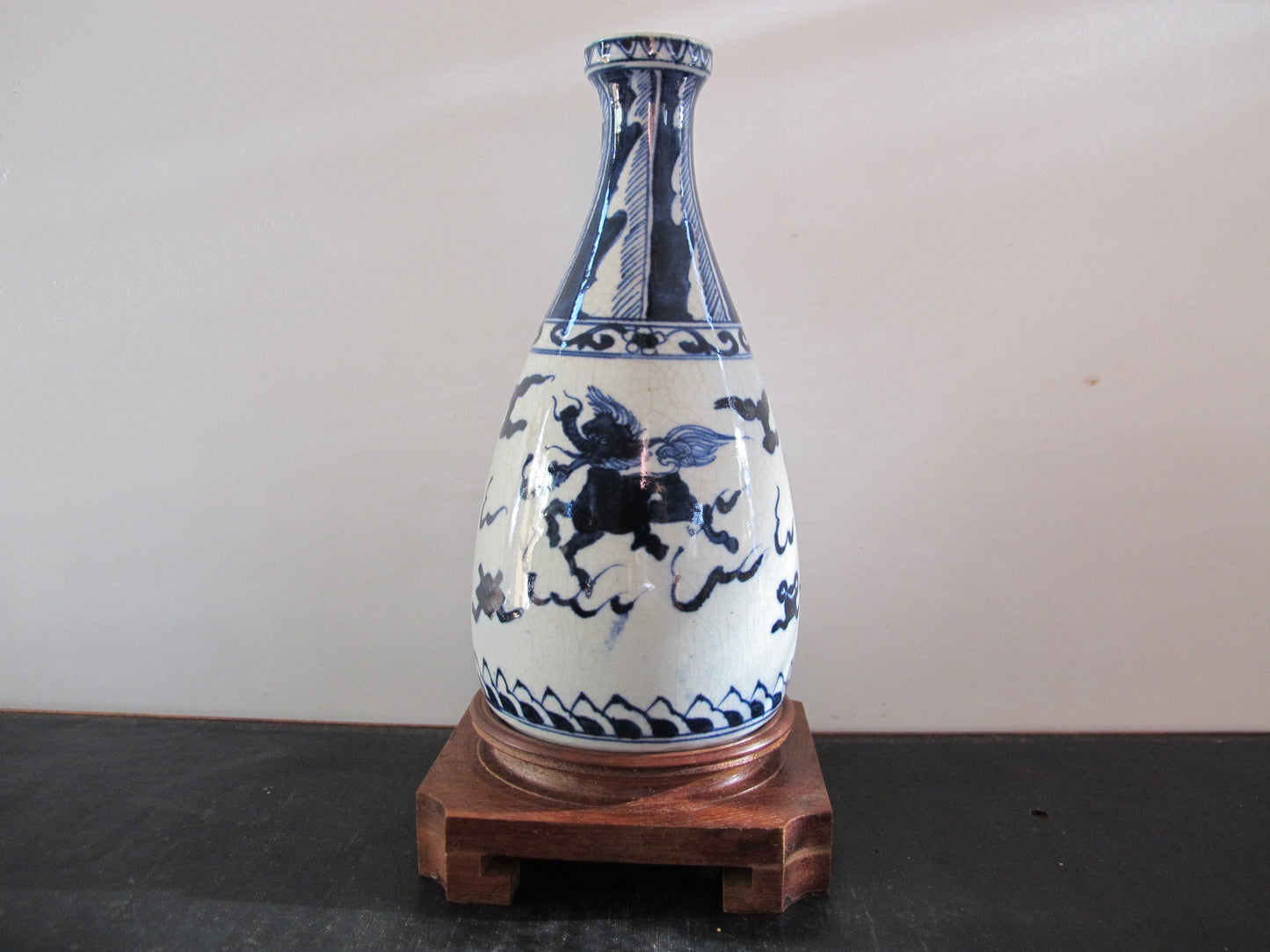Vase Chinese Two Character Mark Blue and White Clouds Dragon Lion Horse on Stand
