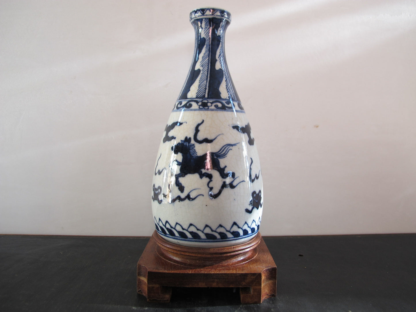 Vase Chinese Two Character Mark Blue and White Clouds Dragon Lion Horse on Stand