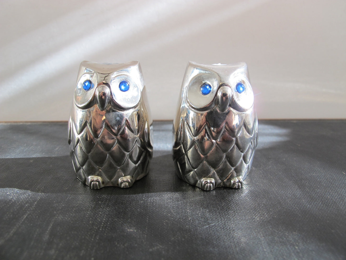 Owl Salt and Pepper Silver Plate Blue Crystal Eyes c. 1960 1970