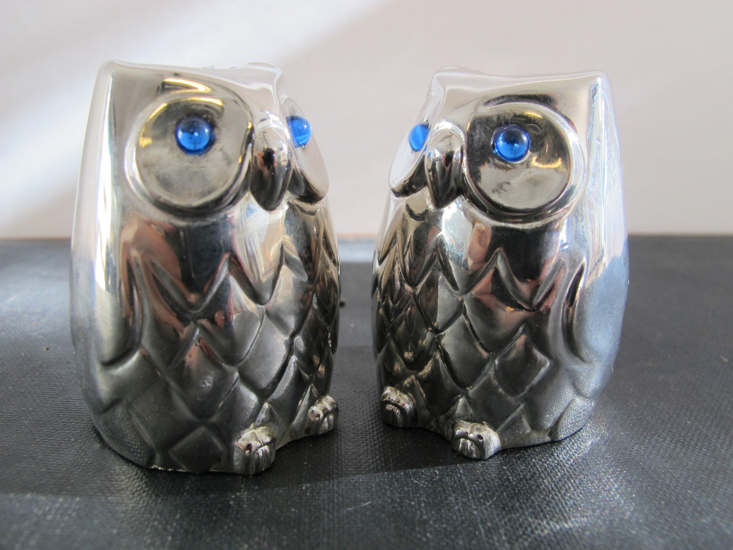 Owl Salt and Pepper Silver Plate Blue Crystal Eyes c. 1960 1970