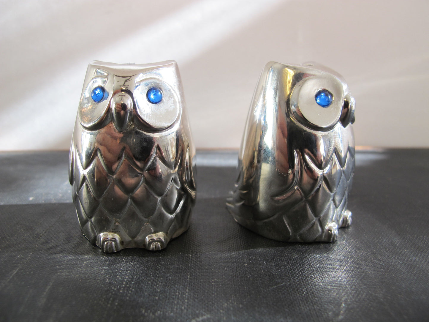 Owl Salt and Pepper Silver Plate Blue Crystal Eyes c. 1960 1970