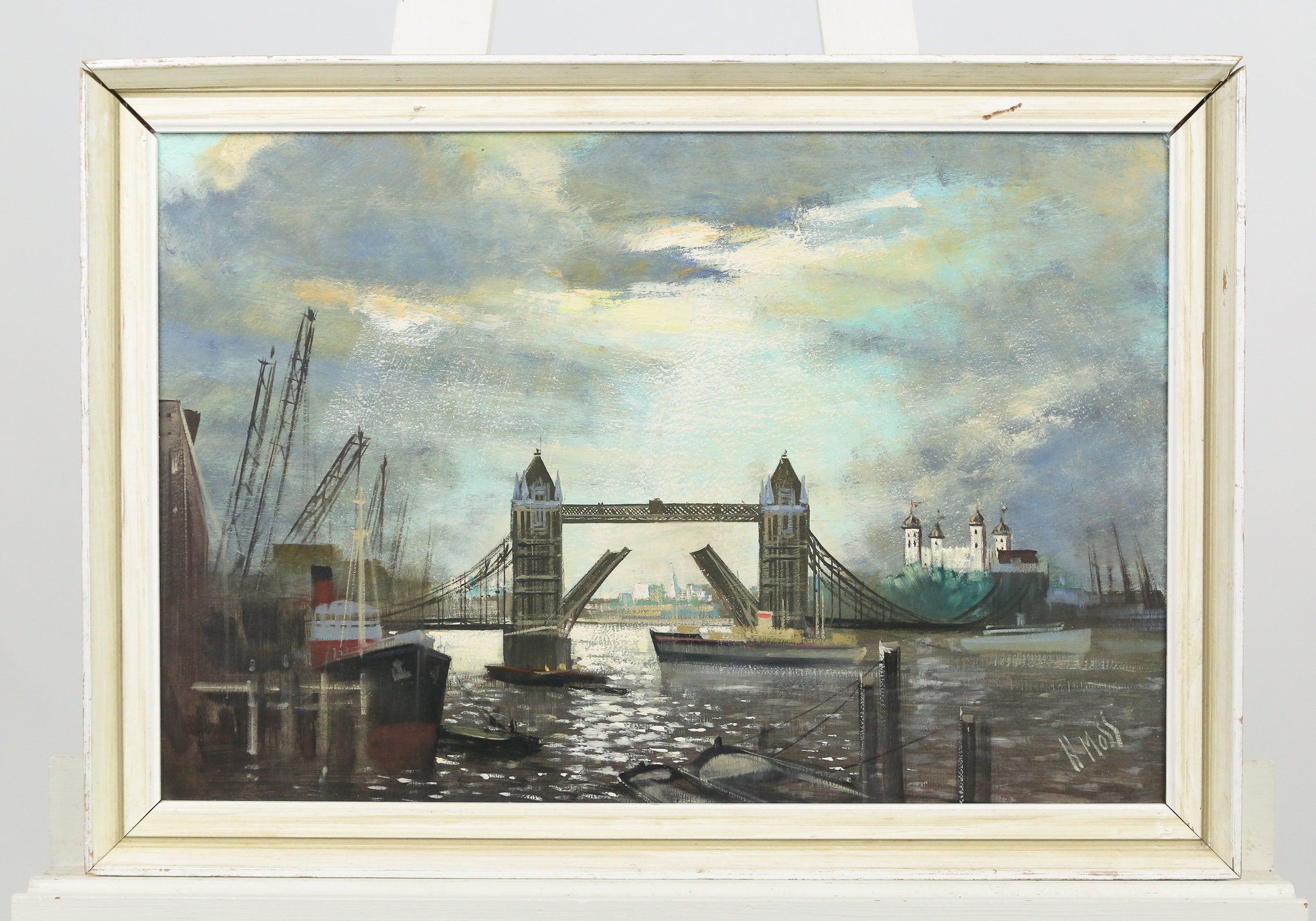 Oil Painting London England Cityscape Tower of London Bridge Harbor River  Thames Signed H. Moss 1950s UK English