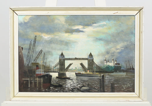 Oil Painting London England Cityscape Tower of London Bridge Harbor River Thames Signed H. Moss 1950s UK English