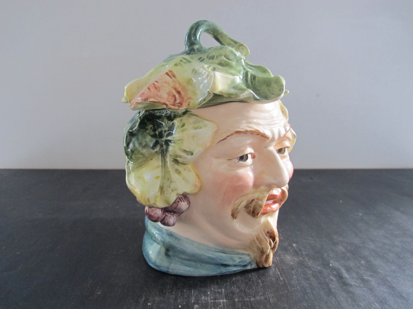 Humidor Majolica Victorian Edwardian Green Man or Bacchus Human Head 1900 1910 Continental