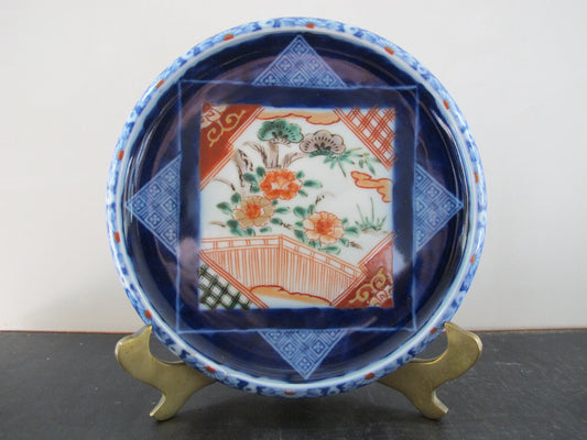 Chinese Imari Plate or Dish Blue and Red Flowers Camellias Signed Marked Entirely Handpainted c. 1910s 1920s