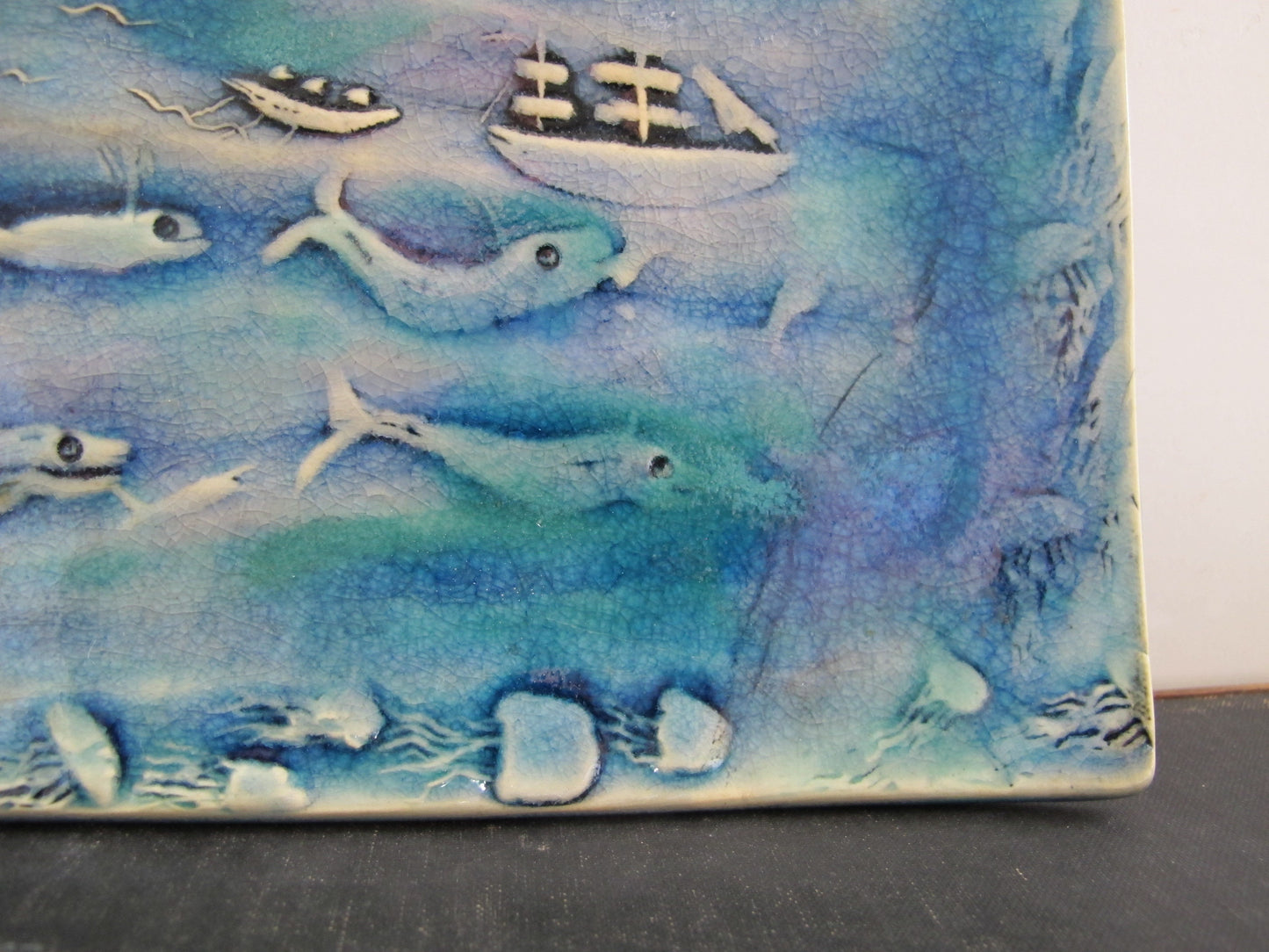 Art Pottery Relief Artist Signed Frances P Creney Martha's Vineyard 2013 Whales Ships Jellyfish Compass Rose Double Sided