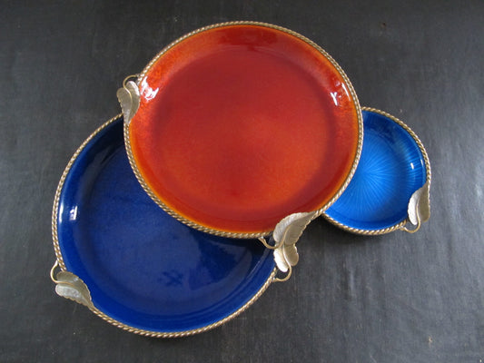 Enamel Bowls Bronze Mounts Blue and Orange Made in Italy MCM Midcentury Italian 1960s 1950s