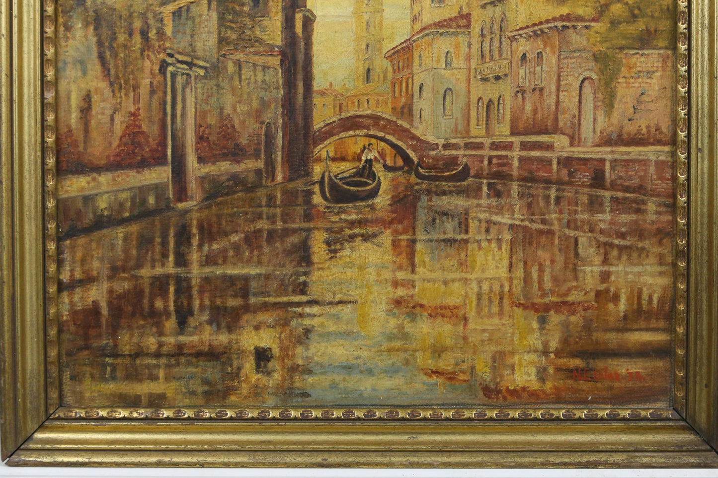 Painting Venice Italy Cityscape Seascape Oil Grand Canal Impressionist Gondoliers Signed N.E. Giles 1933 1930s