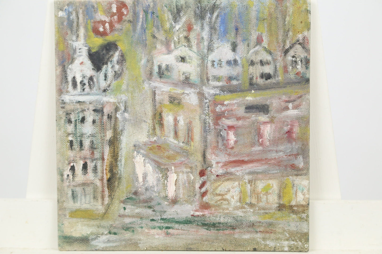 Painting Cityscape Townscape Oil Folk Art Naive Abstract MCM Midcentury New England 1950s