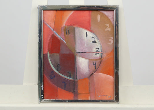 Painting Russian Constructivist Style Composition of Clocks Red Pink R. Young Signed 1969 1960s 1970s