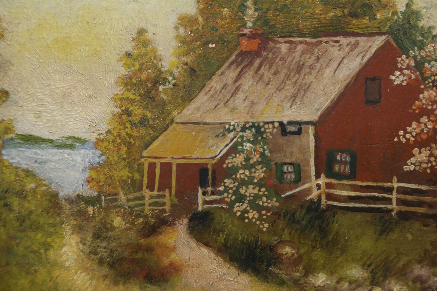 Painting Folk Art Naive Farmhouse Cottage Mountain Lake Flowers 1890s Period Frame