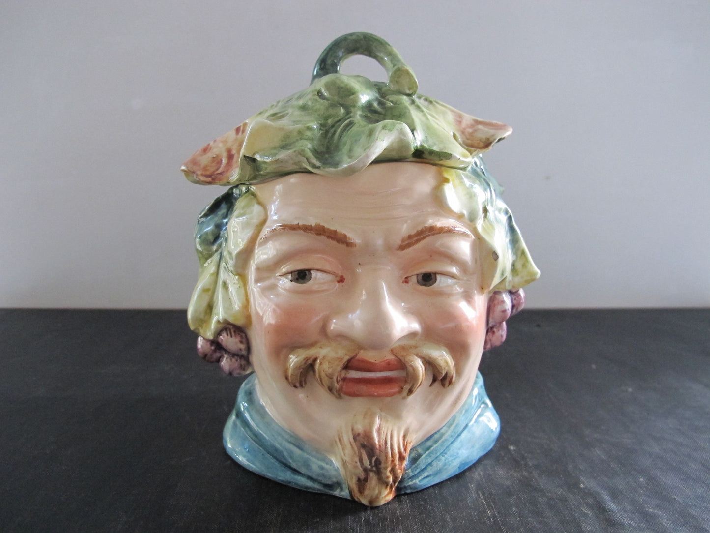 Humidor Majolica Victorian Edwardian Green Man or Bacchus Human Head 1900 1910 Continental