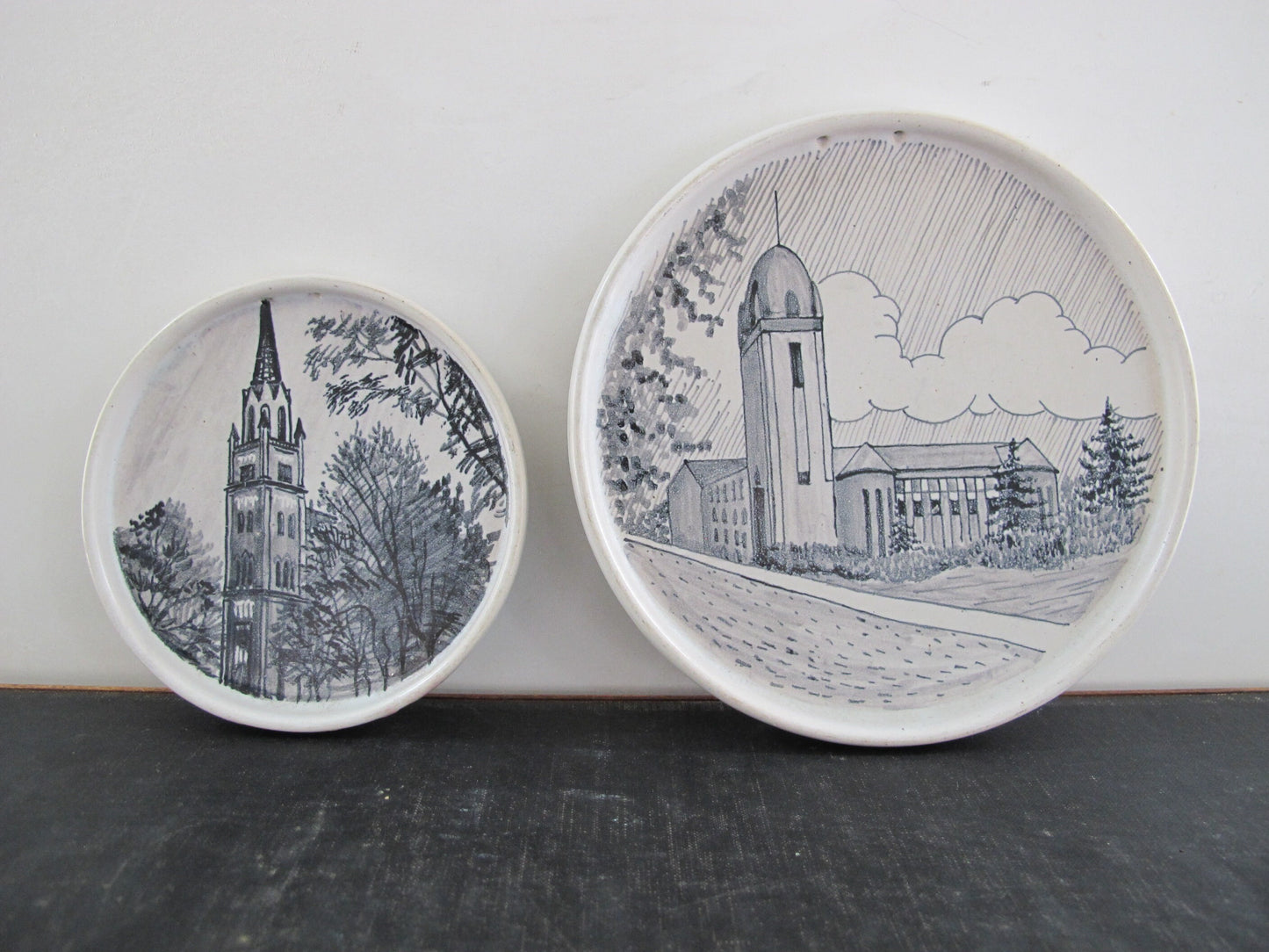 Finnish Art Pottery Kupittaan Savi Architectural Roundels Showing Modernist Buildings and Church c. 1950s 1960s