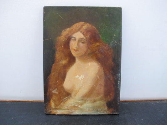 Painting Miniature Portrait Hirsute Nude Woman Redhead Victorian Edwardian 1890s 1900s Oil on Board