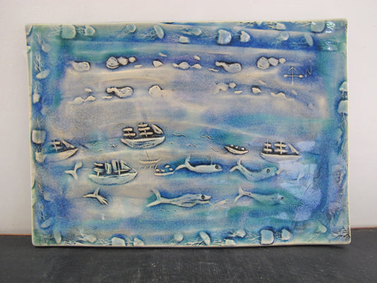 Art Pottery Relief Artist Signed Frances P Creney Martha's Vineyard 2013 Whales Ships Jellyfish Compass Rose Double Sided