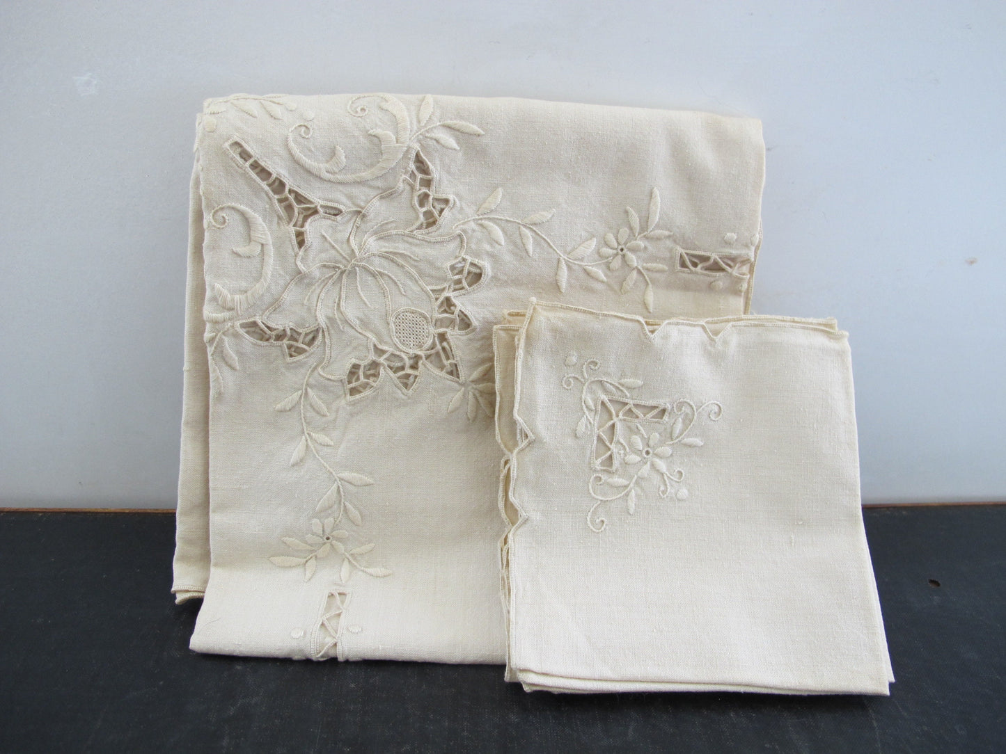 Luncheon Set Linens Textiles Tea Stained Edwardian Victorian 1900s 1910s